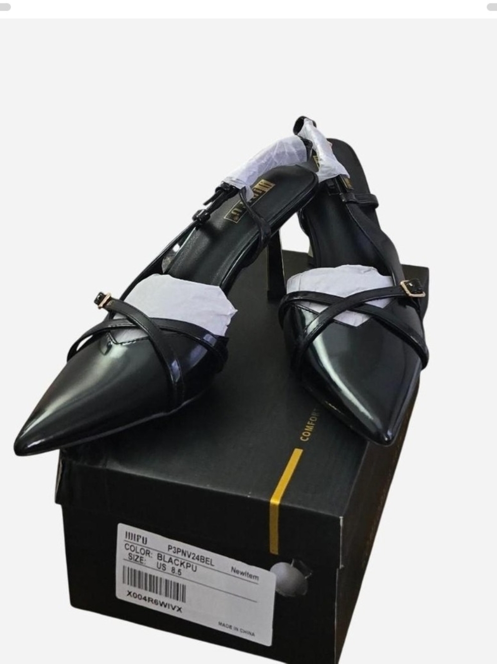 IDIFU Black Pointed Slingback Heels with Crisscross Straps